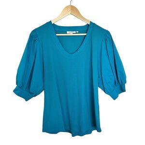 Chicos scoop neck puff sleeve turquoise mixed material top size large